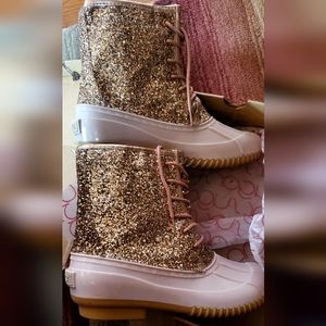 Sugar Rose Gold Glitter 10M Brand NIB Rain Duck Boots Pefect New Condition
